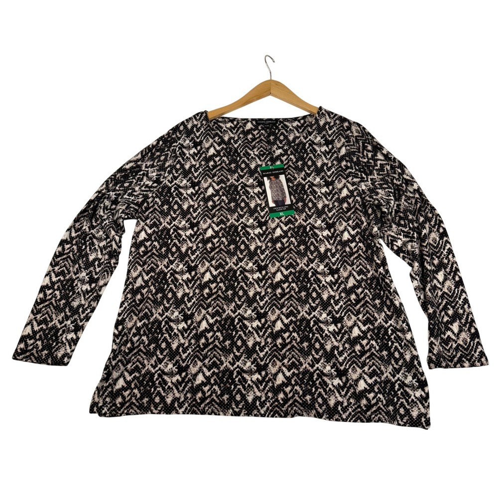 Mario Serrani Italy Womens XL Crew Neck Long Sleeve Top Black White Chevron Knit